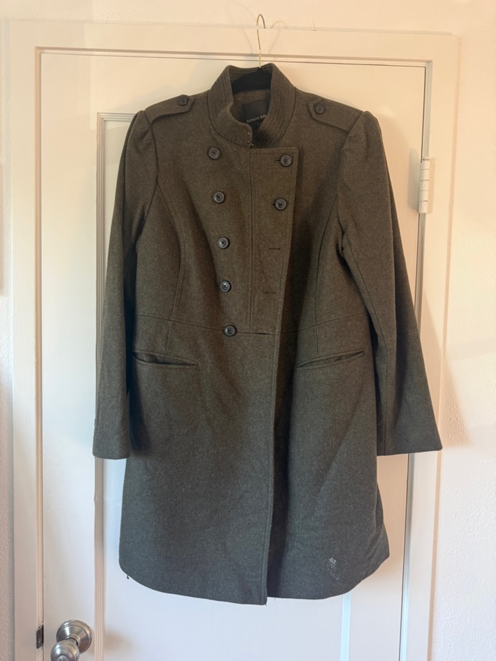 Banana Republic Wool Military PeaCoat Double Breasted Olive Petite Large Classic
